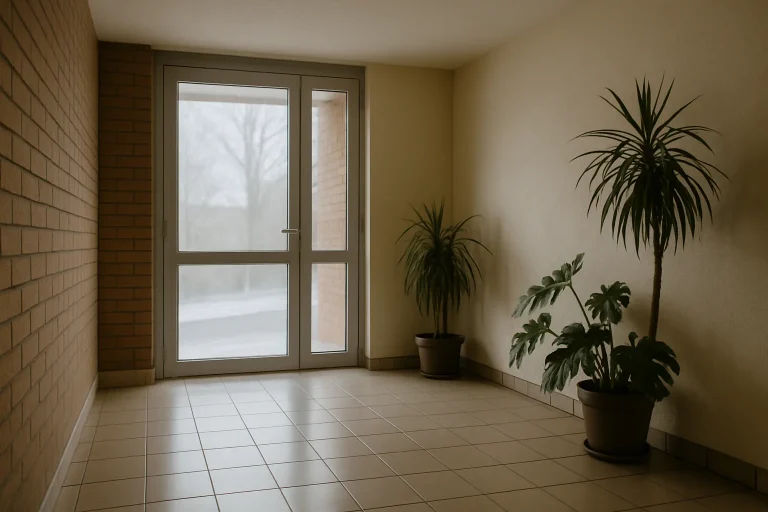 Hall d'immeuble à Elbeuf avec lumière hivernale douce et sol propre.