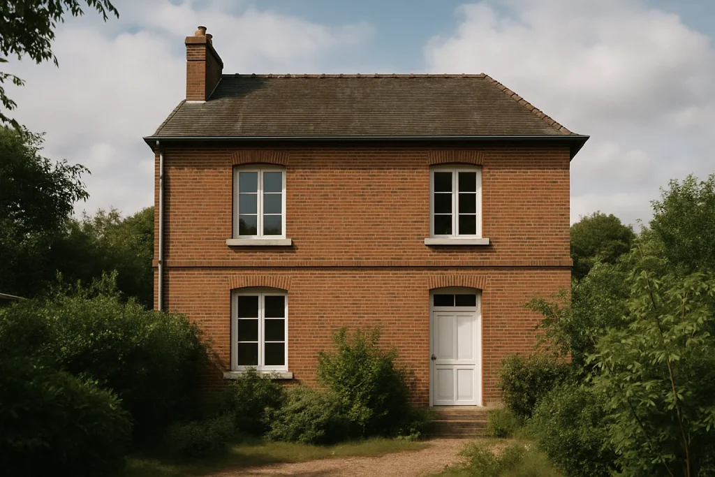 Façade d'une maison à Yvetot avec végétation et ciel nuageux.