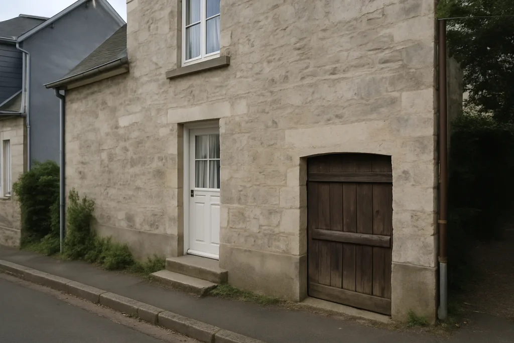 Vue d'une porte de cave en bois d'une maison au Havre, lumière du jour