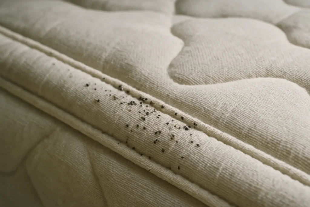 Détail d'un matelas montrant des signes de punaises de lit, éclairé par une lumière naturelle.