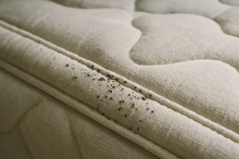Détail d'un matelas montrant des signes de punaises de lit, éclairé par une lumière naturelle.