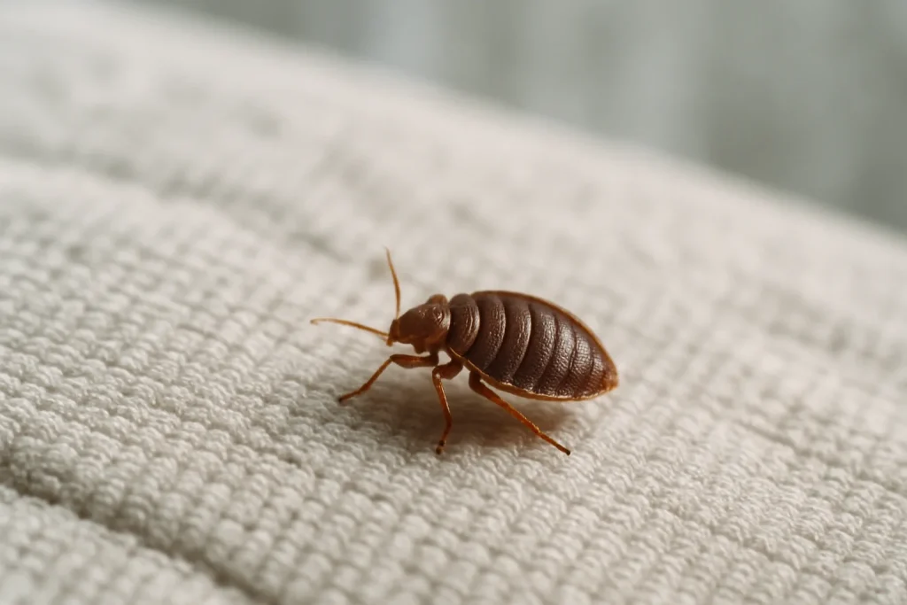 Gros plan d'une punaise de lit sur un matelas, lumière naturelle, texture visible.