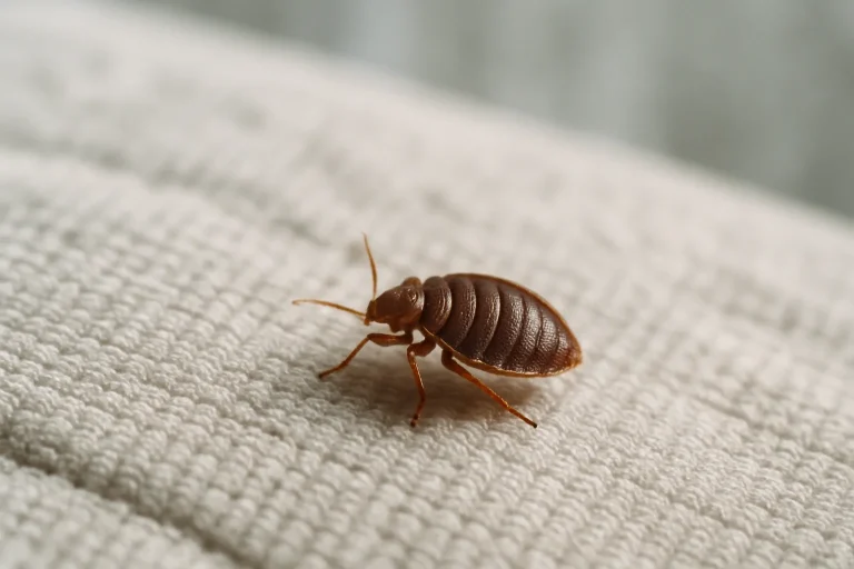 Gros plan d'une punaise de lit sur un matelas, lumière naturelle, texture visible.