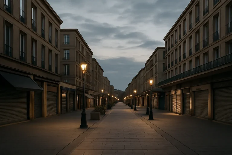 Rue commerçante au Havre au crépuscule avec magasins fermés, ambiance calme.