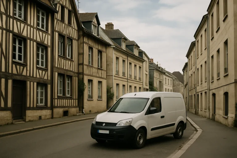 Camionnette discrète garée dans une rue calme de Rouen, ciel nuageux.