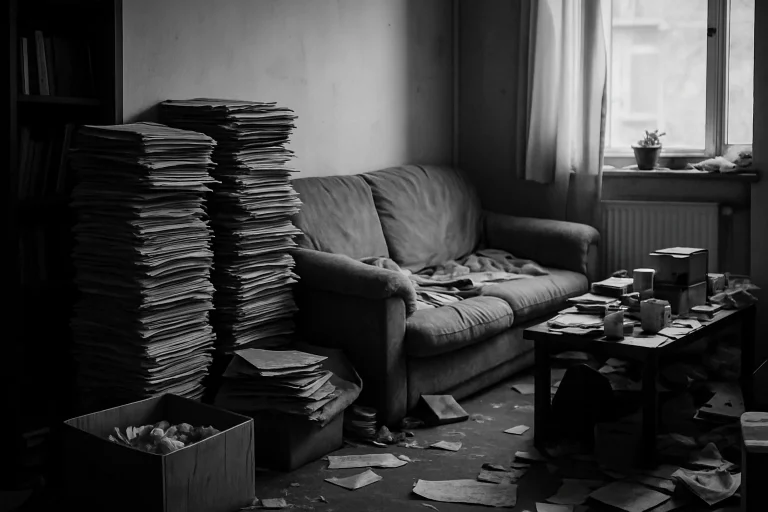 Intérieur encombré d'un logement Diogène à Dieppe, piles de journaux et objets.