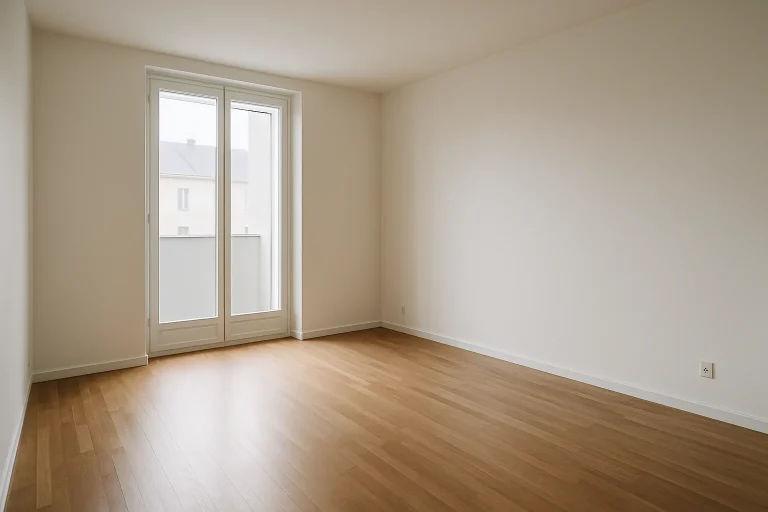 Appartement vide avec parquet propre et lumière douce, prêt pour relocation.