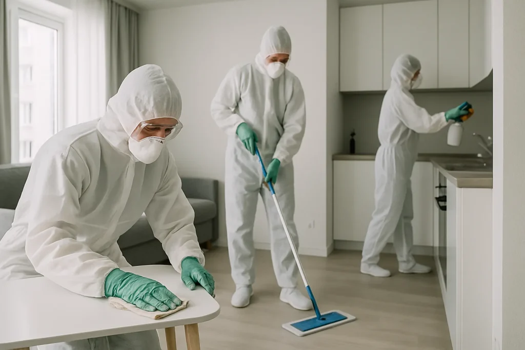 Équipe en combinaison de protection nettoyant un appartement après un suicide, lumière neutre.