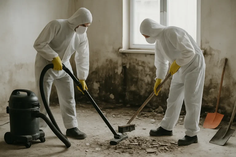 Deux personnes en combinaison nettoyant un espace endommagé, outils visibles.
