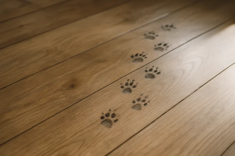 Gros plan sur un parquet avec des traces de pas de rongeurs, lumière naturelle.