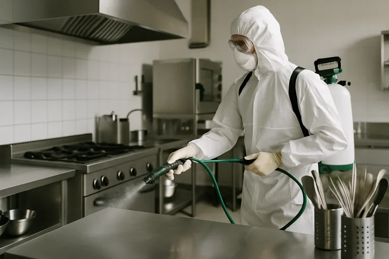 Technicien désinfectant une cuisine professionnelle après passage de nuisibles.