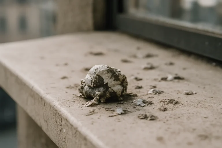 Fientes de pigeon sur un rebord de fenêtre, nécessitant un nettoyage professionnel