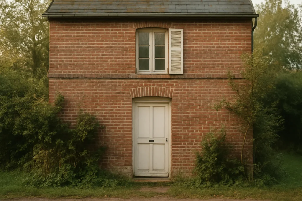 Maison en briques rouges à Dieppe, entourée de végétation, éclairée par une lumière douce.