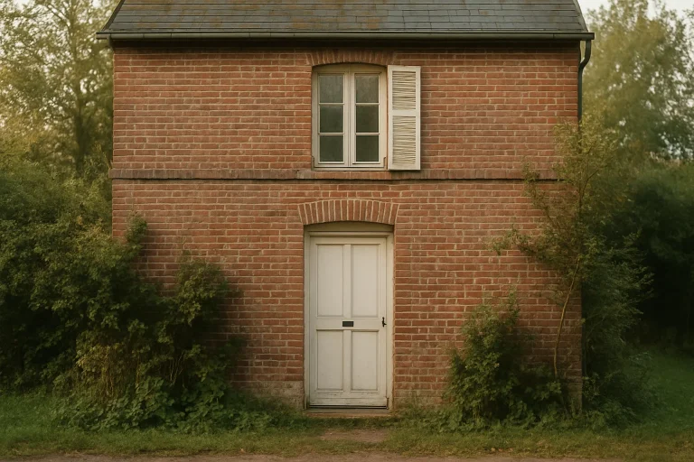 Maison en briques rouges à Dieppe, entourée de végétation, éclairée par une lumière douce.