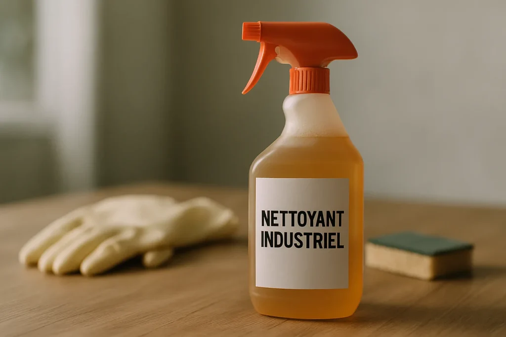 Bouteille de nettoyant industriel sur une table avec gants et éponge en arrière-plan.