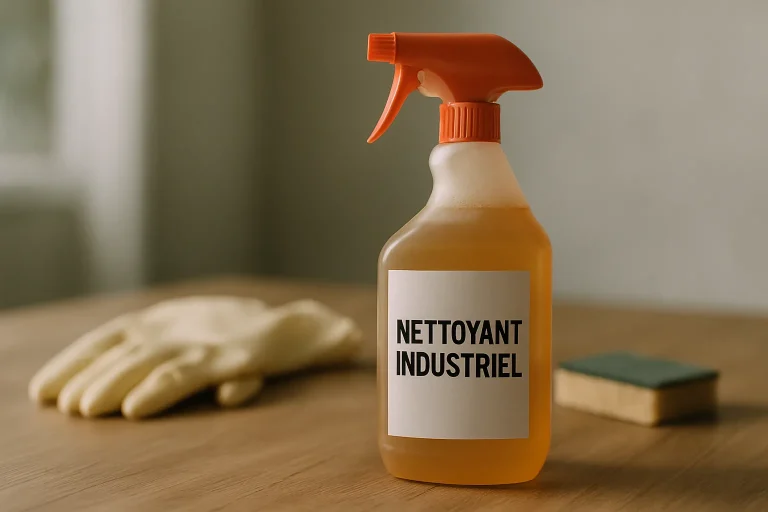 Bouteille de nettoyant industriel sur une table avec gants et éponge en arrière-plan.
