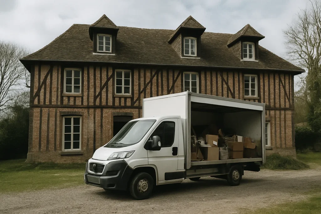 Maison ancienne avec un camion de débarras devant, en Seine-Maritime.