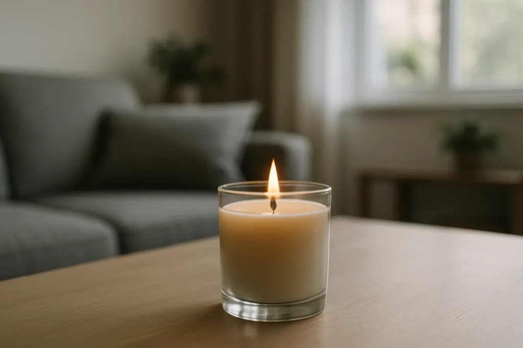 Bougie parfumée allumée sur une table, lumière naturelle douce, salon moderne en arrière-plan flou.
