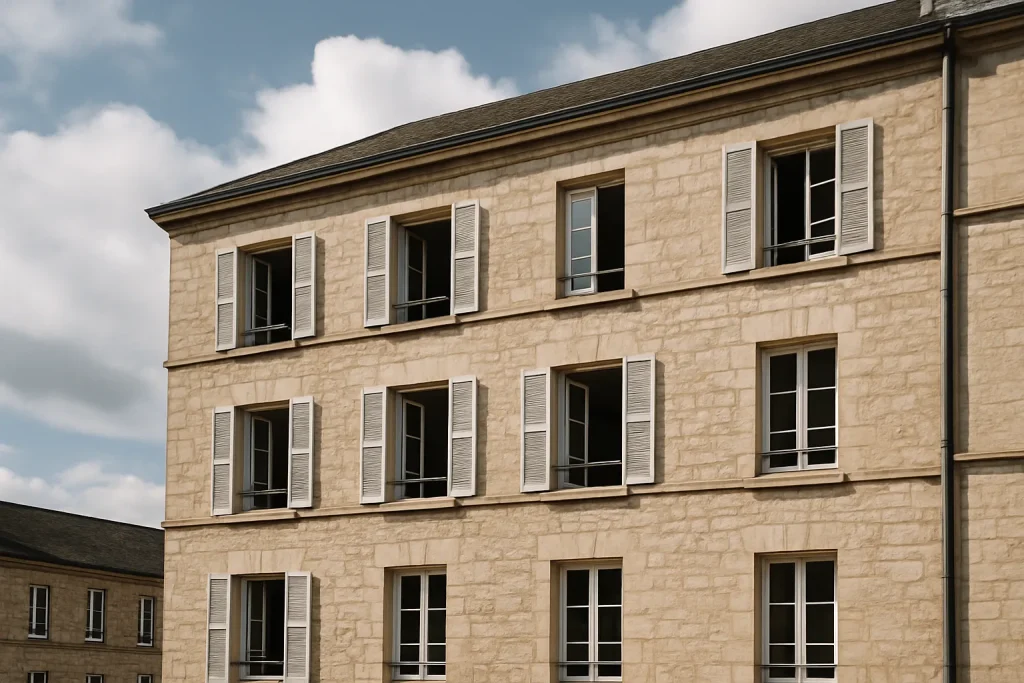 Façade d'un immeuble résidentiel en Seine-Maritime, ciel nuageux