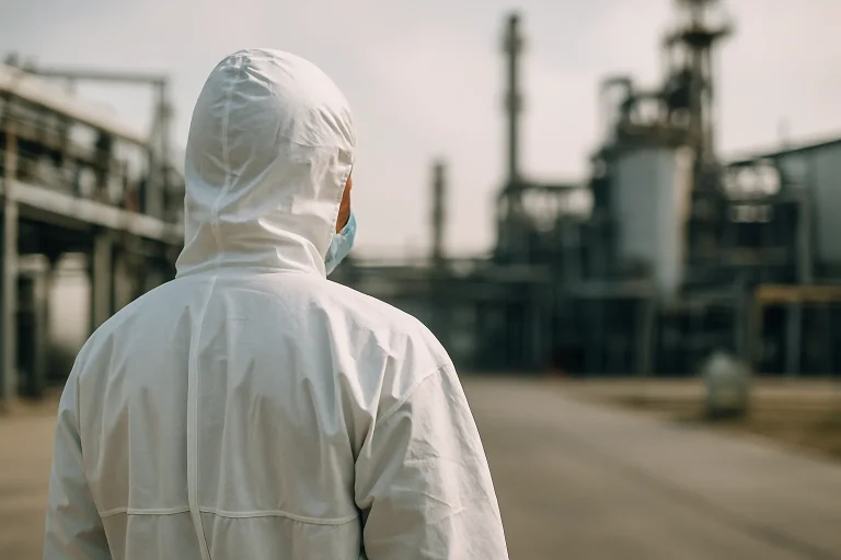 Technicien de dos en combinaison de protection dans une zone industrielle floue.